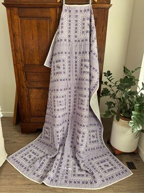Vintage Handmade Purple and White Gingham Embroidered Quilt Hand stitched